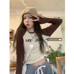 甜辣風內搭T恤女秋季美式復古修身顯瘦長袖短款上衣ins