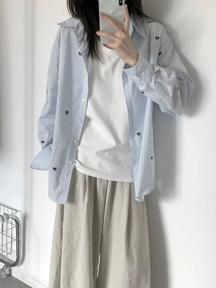 藍白條紋蝴蝶結印花襯衫女春秋夏季韓版寬鬆慵懶休閒長袖襯衣