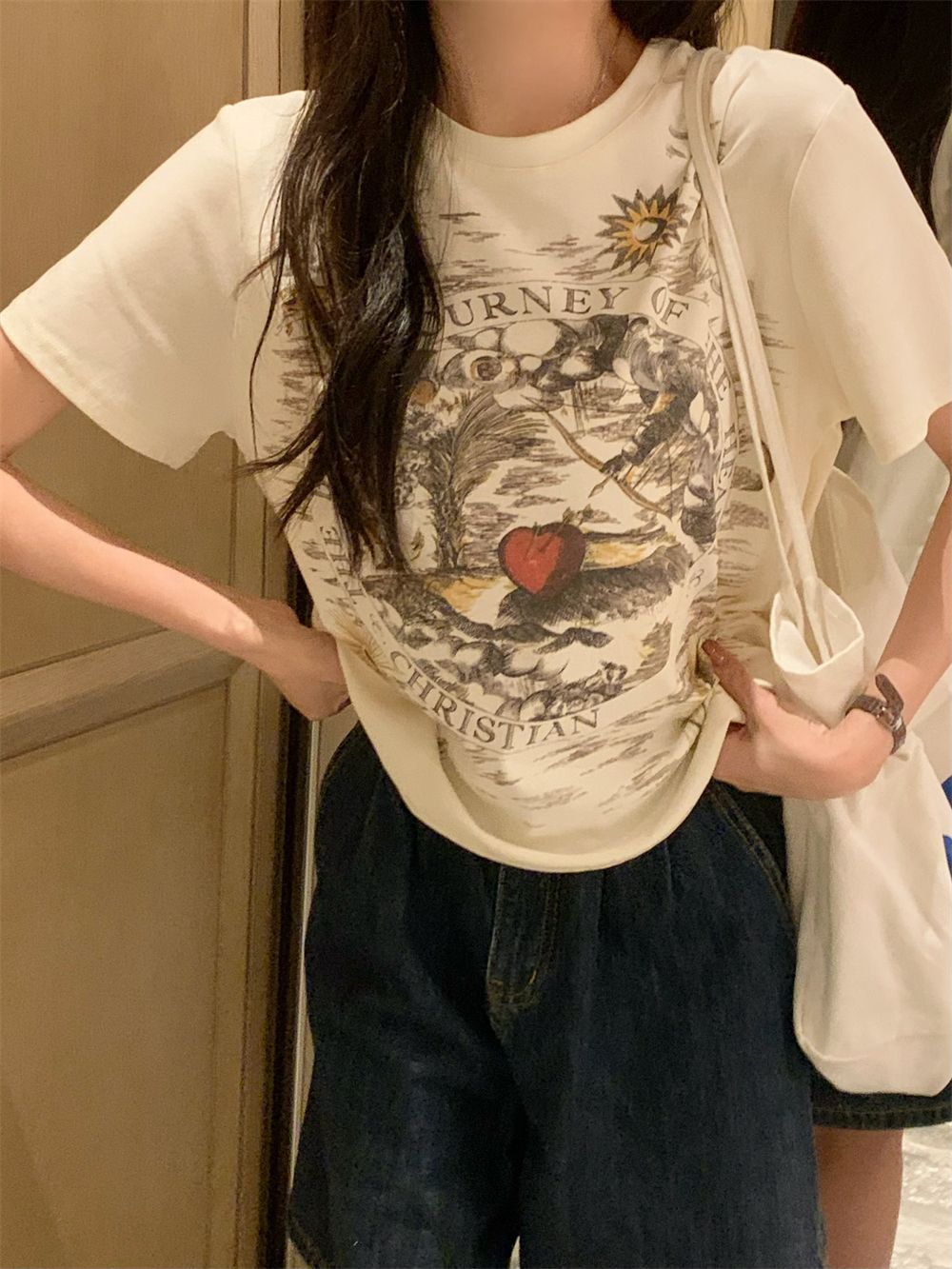Real shot 2025 new 21 pure cotton 210g 100% cotton front and back printed short-sleeved T-shirt for women loose