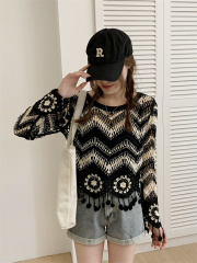 Mesh crochet hollow bohemian tassel striped knit top for women short thin sunscreen blouse