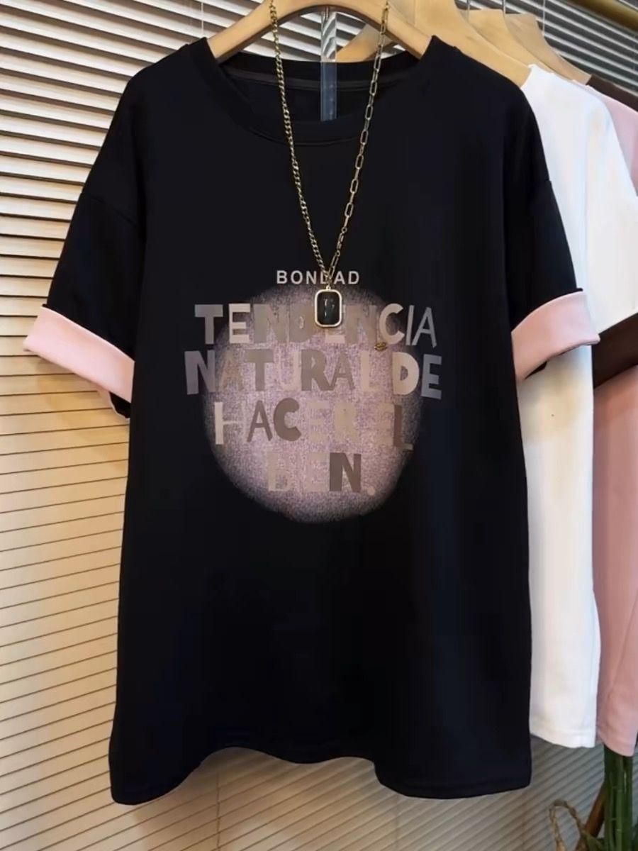 ~Large size women's design sense pure cotton fashion contrast letter printing short-sleeved T-shirt for women's summer new top