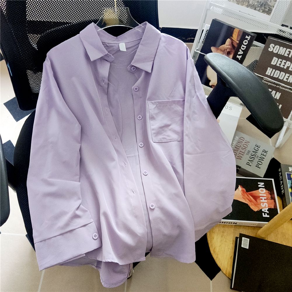 Real photo pure purple sunscreen clothes shirt women's long-sleeved shirt long-sleeved top spring and autumn small loose thin style