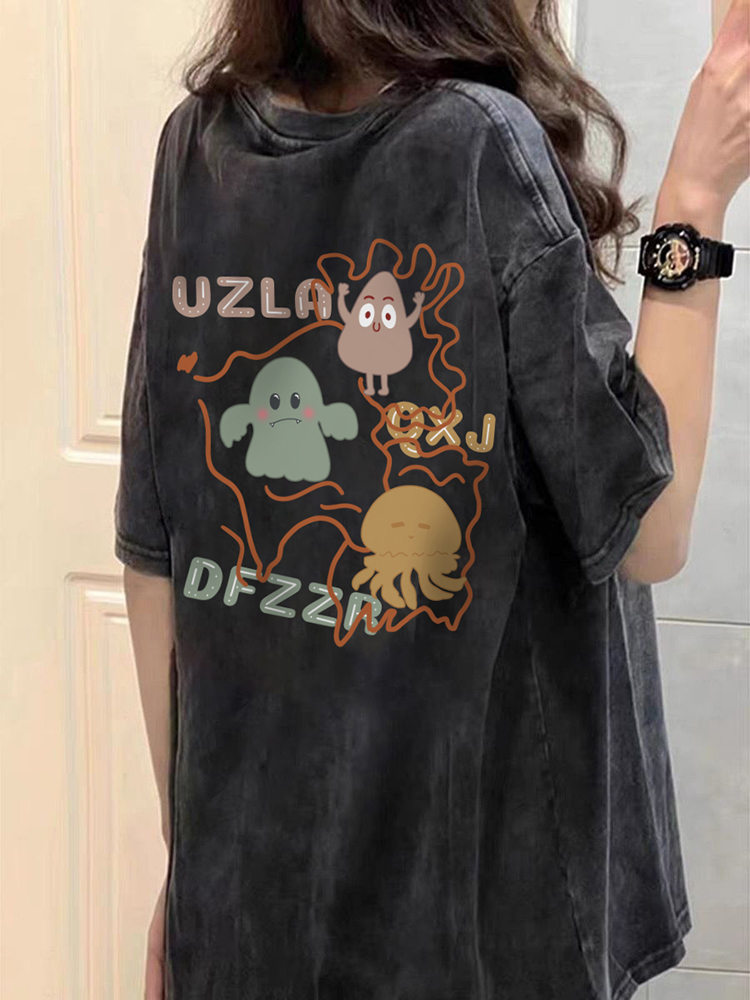230g pure cotton collar spring and summer American retro loose large size top printed washing and old short-sleeved T-shirt