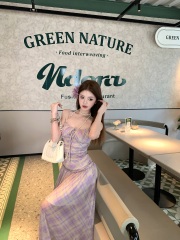 Real shot!  French retro plaid suspender dress with female temperament goddess design waist-hugging long skirt