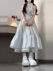 法式海邊度假吊帶掛脖連衣裙子女夏季2025新款小個子藍色仙女長裙