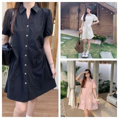 5279 real-life dress puff sleeve shirt skirt V-neck pleated design Korean version A-line short skirt for women