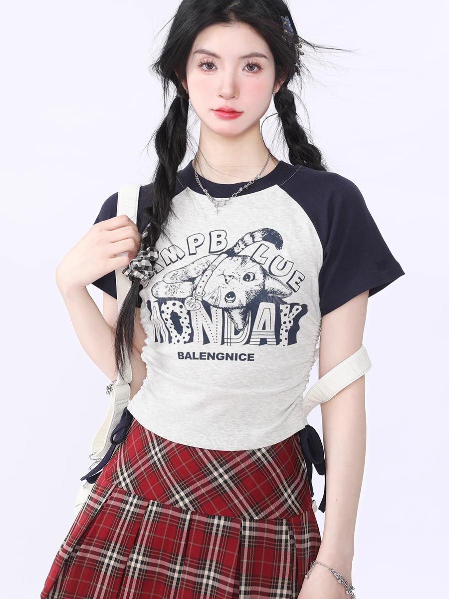 Official image imitation cotton 40 1*1 new summer slim slim strap drawstring design T-shirt for women