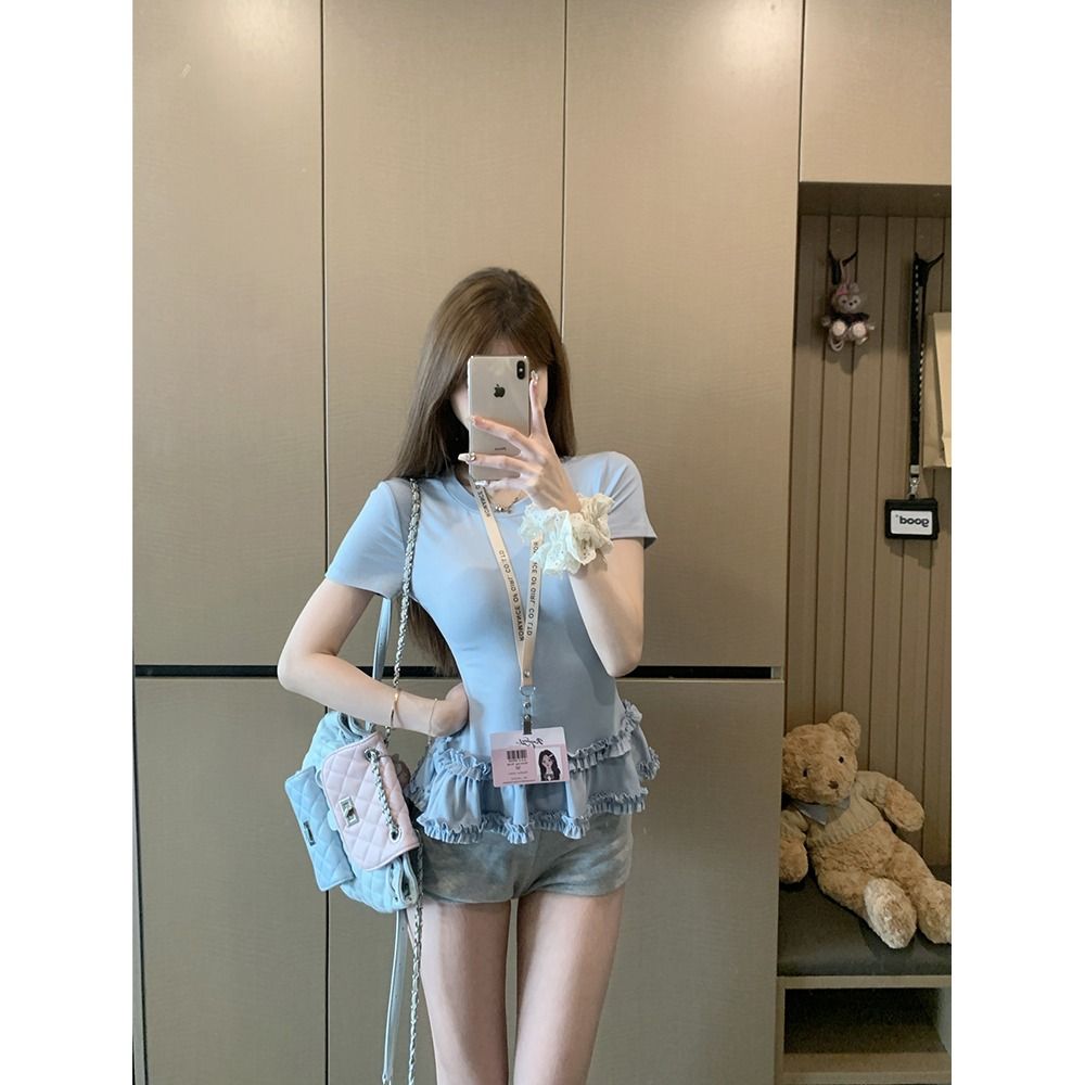人棉荷葉邊黑色圓領短袖T恤女夏小眾收腰設計感別致白色上衣