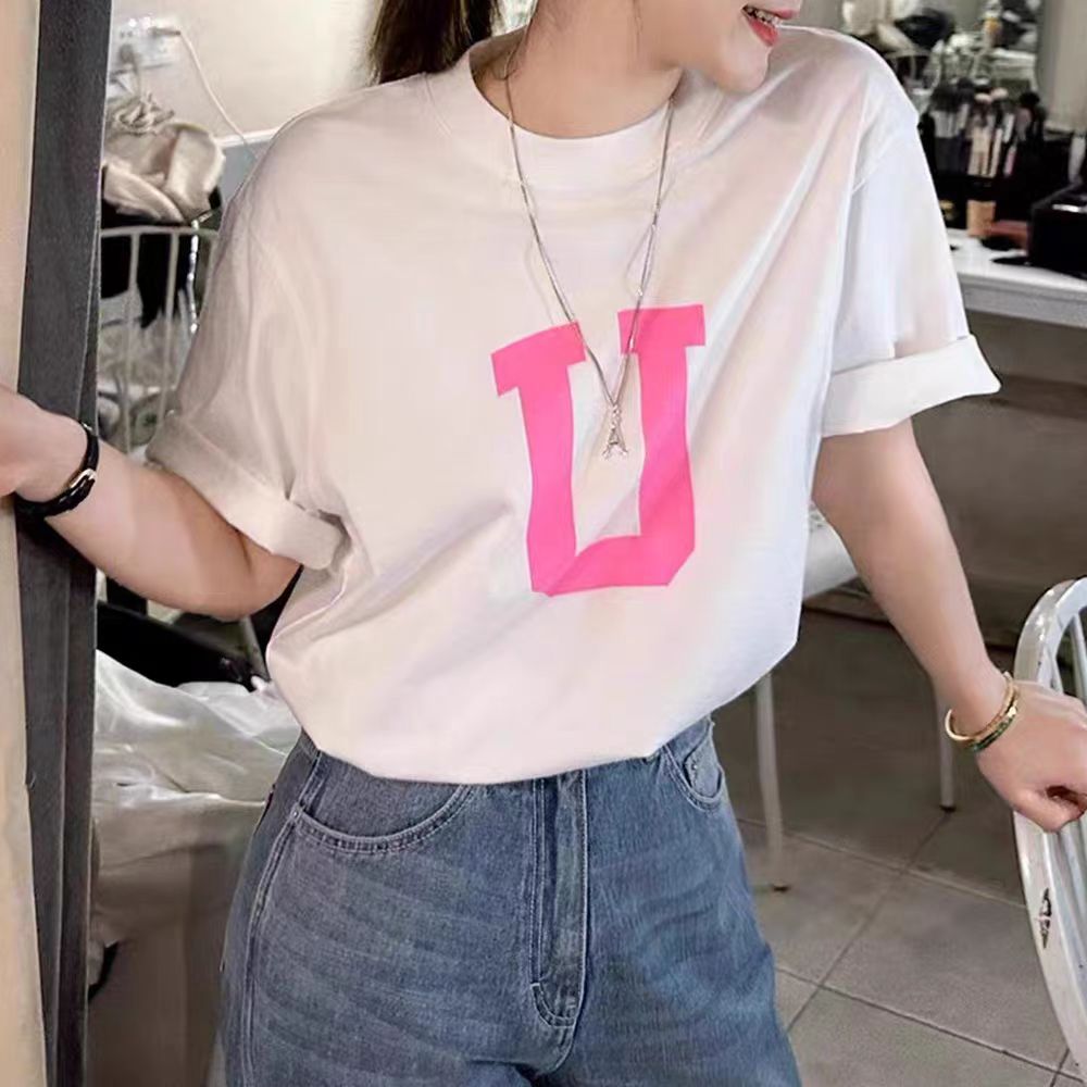 200g combed and tight spun in 2025, pure cotton back bag strip, spring and summer loose shoulder printed short-sleeved T-shirt