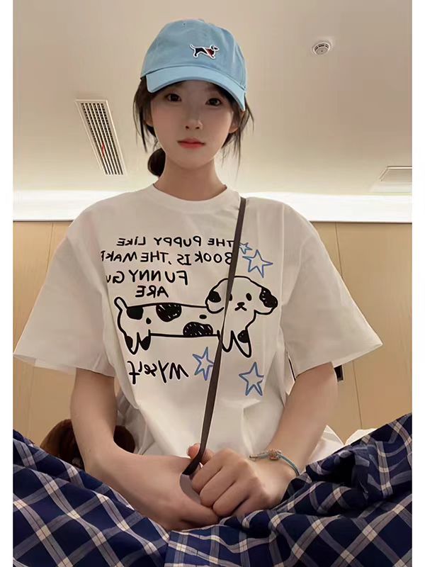 200g combed and tight spun in 2025, pure cotton back bag strip, spring and summer loose shoulder printed short-sleeved T-shirt