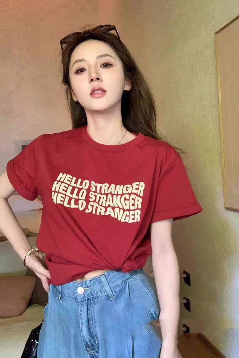 200g combed and tight spun in 2025, pure cotton back bag strip, spring and summer loose shoulder printed short-sleeved T-shirt