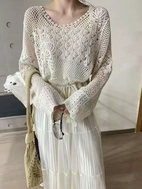 Summer hook-flowered knitted shirt with large size women's fat MM high-end feel lazy style long sleeves
