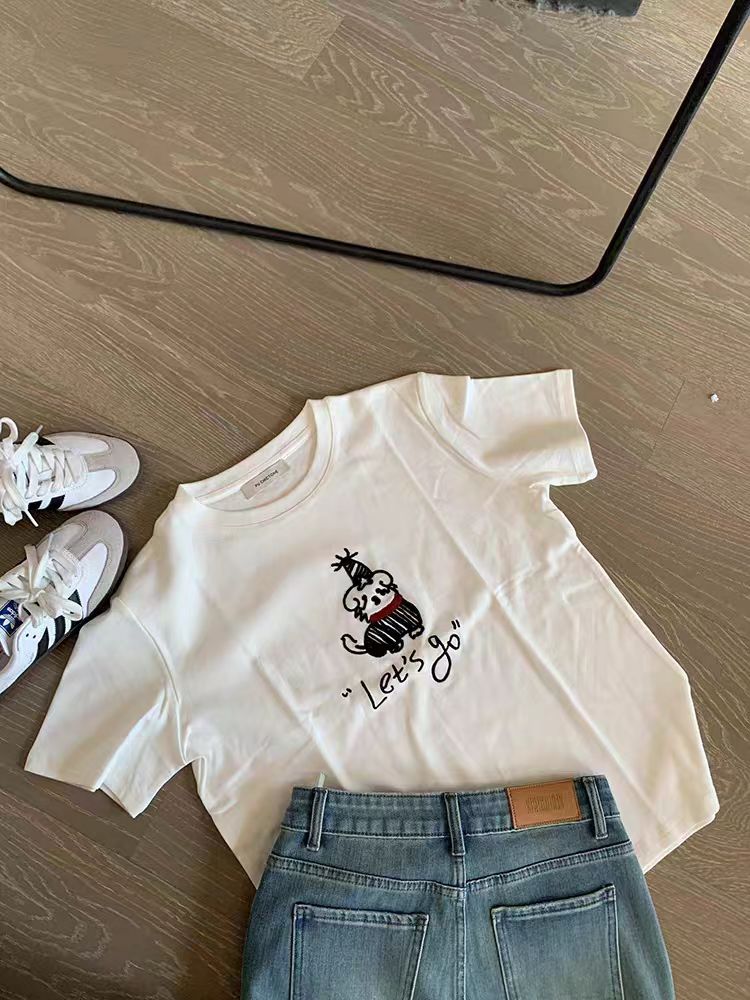 200g combed and tight spun in 2025, pure cotton back bag strip, spring and summer loose shoulder printed short-sleeved T-shirt