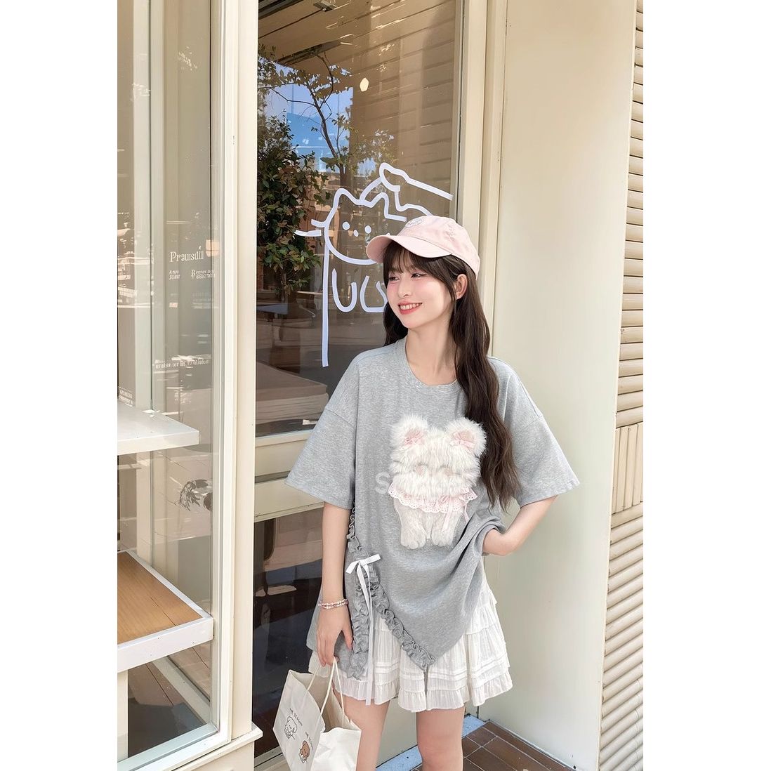 Korean style sweet design irregular top cartoon pattern girl loose short-sleeved T-shirt for women summer