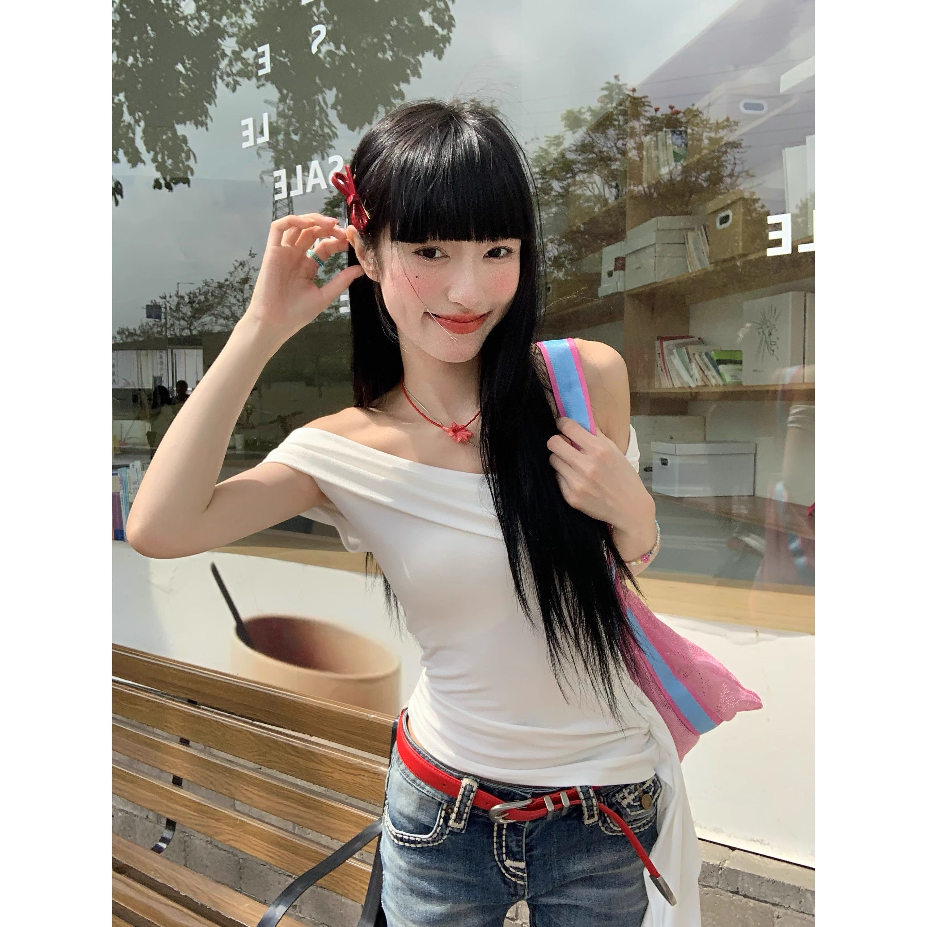 92 people cotton 8 spandex 260g pure hot girl streamer one-shoulder T-shirt summer sexy top