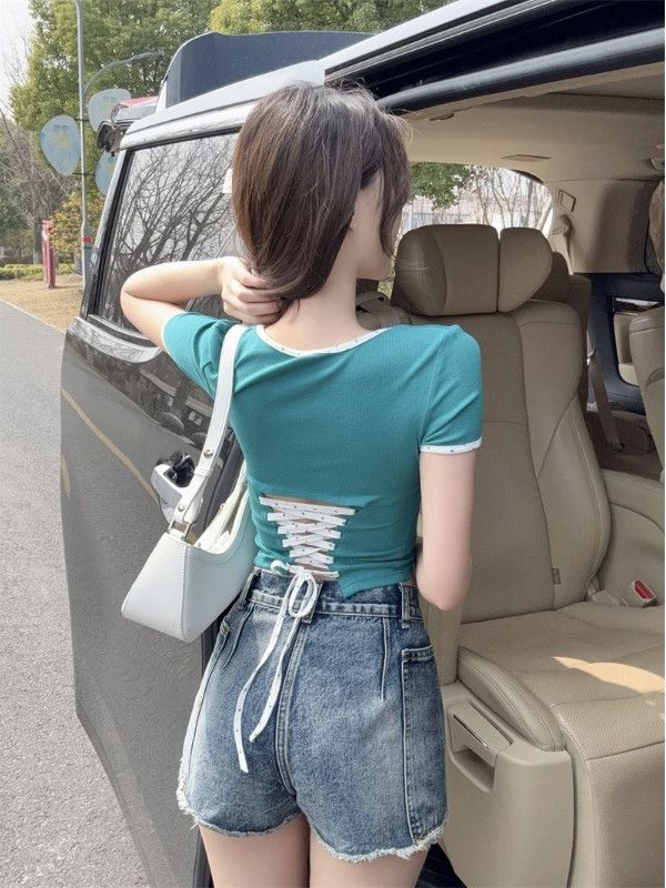 260g chic hot girl strap waist short top design niche slim shoulder short sleeve T-shirt for women