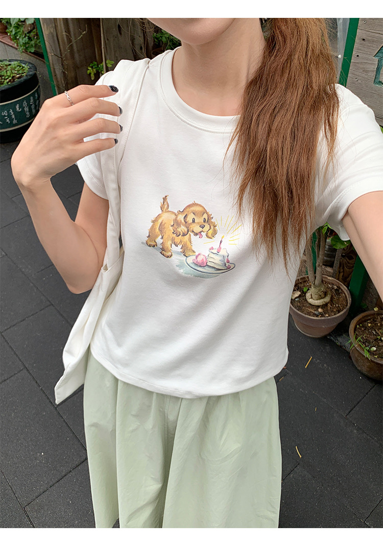 Printed front shoulder short-sleeved T-shirt for women in summer new niche American pure cotton slim T-shirt top