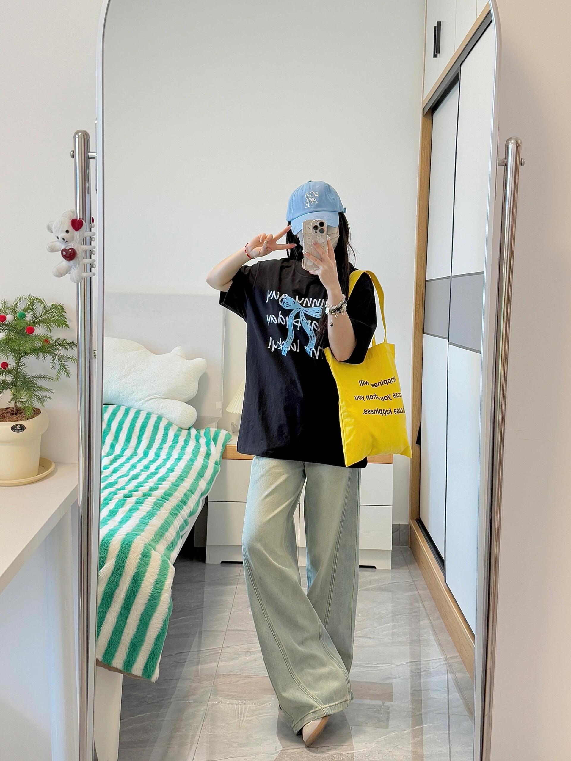 200g combed and tight spun in 2025, pure cotton back bag strip, spring and summer loose shoulder printed short-sleeved T-shirt