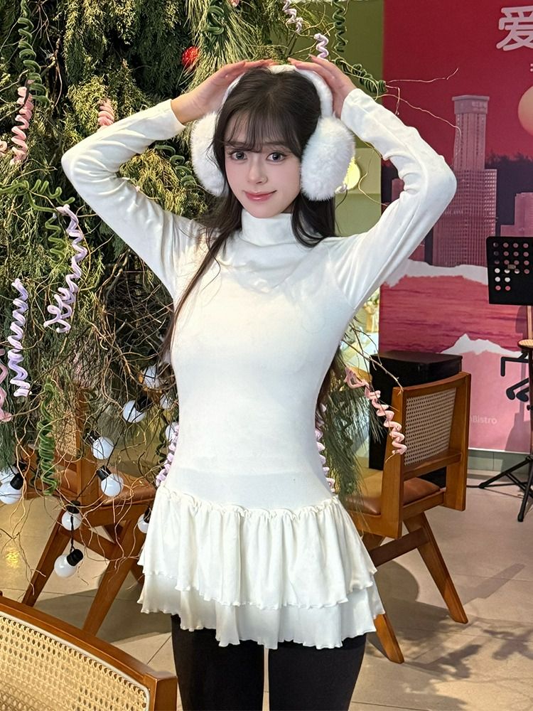 莫代爾人棉高領針織連衣裙女秋冬修身顯瘦打底木耳邊裙擺短裙