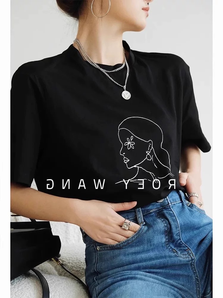 200g combed and tight spun in 2025, pure cotton back bag strip, spring and summer loose shoulder printed short-sleeved T-shirt