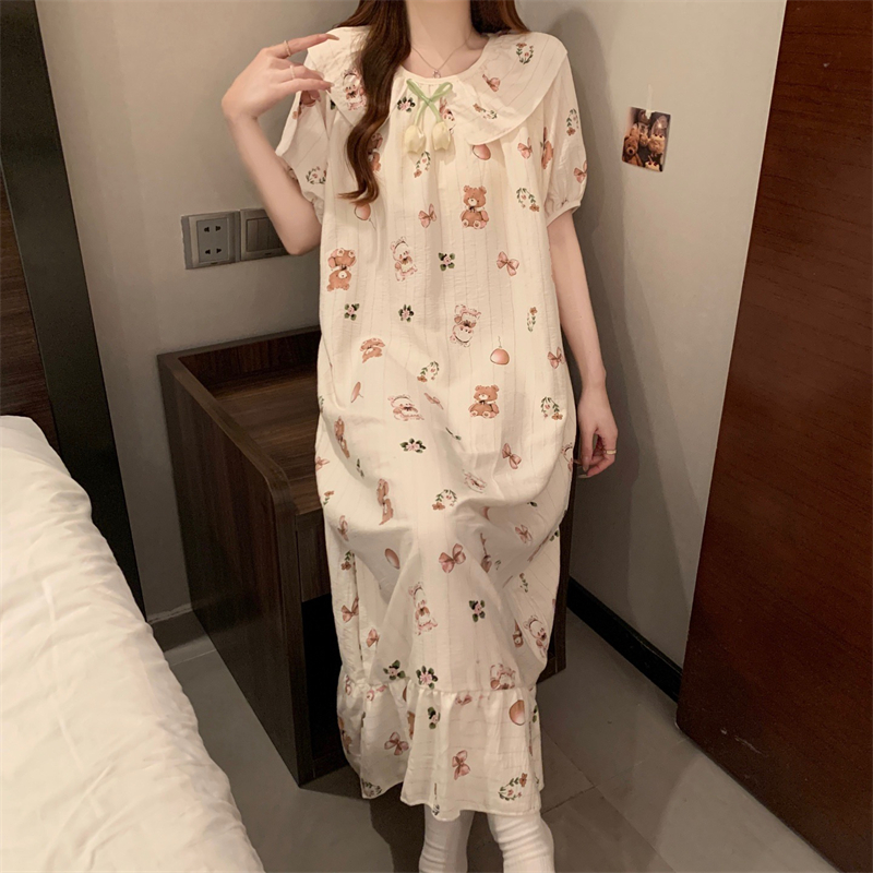 Real shot of 25-year new nightgown with chest pad for women's short-sleeved sweet Fengyunduo cotton pajamas outside home clothes