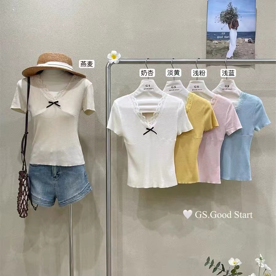 New Lace V-neck Short-sleeved Knitted Top Sweet Slimming Delicate Bowknot Blouse for Women 