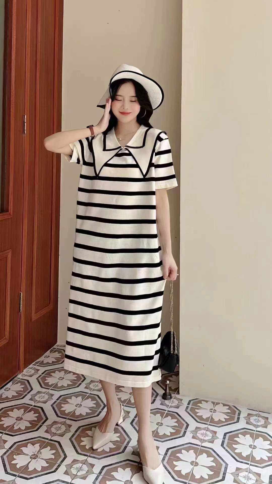 時尚套頭休閒短袖寬鬆條紋黑白針織連衣裙女小香風顯瘦長裙