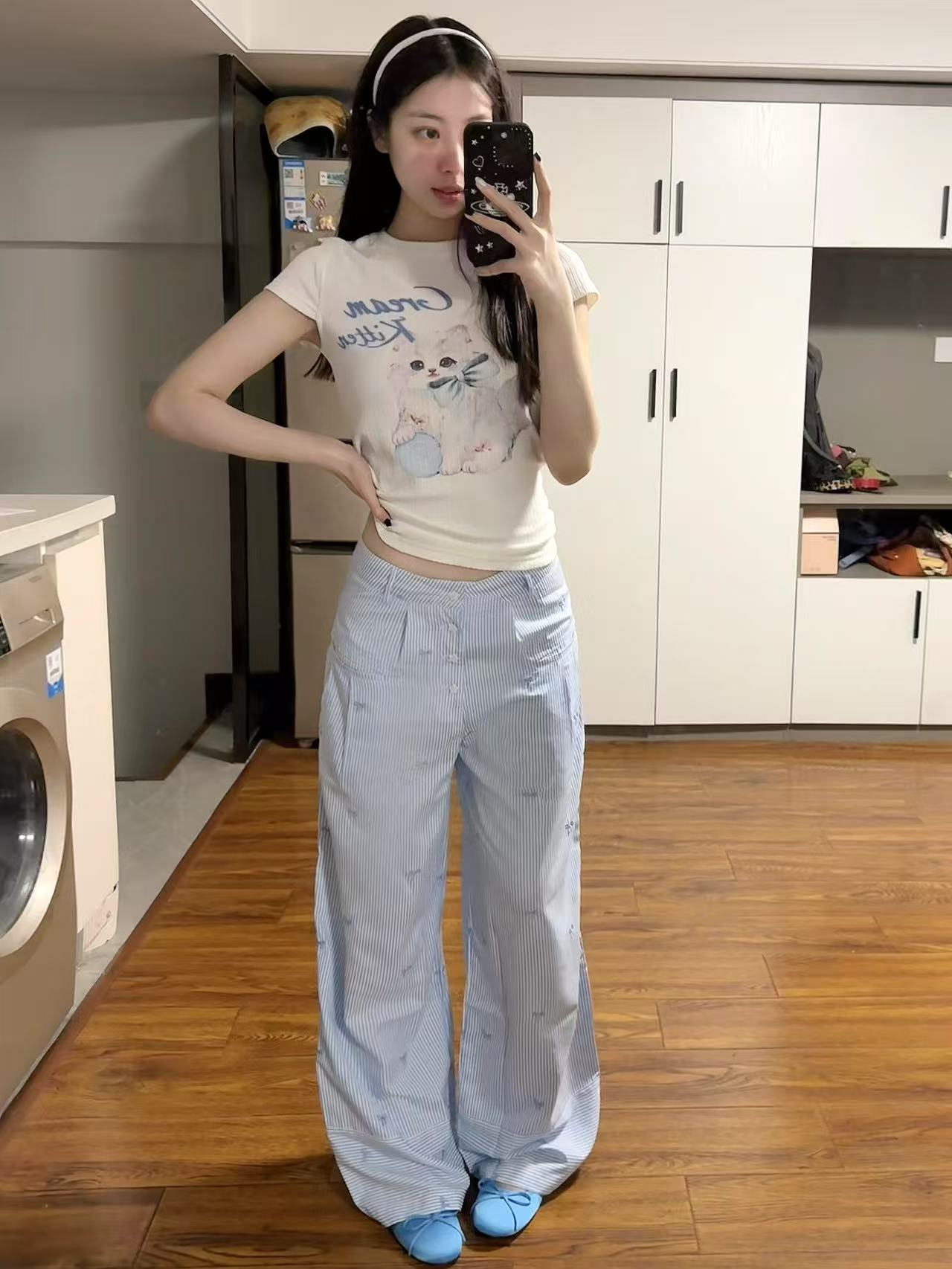 2025藍色刺繡蝴蝶結拼接條紋褲女夏季寬鬆闊腿直筒褲子