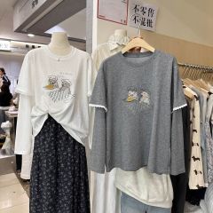 特大碼300斤韓系卡通小狗印花蕾絲拼接長袖T恤女假兩件百搭上衣