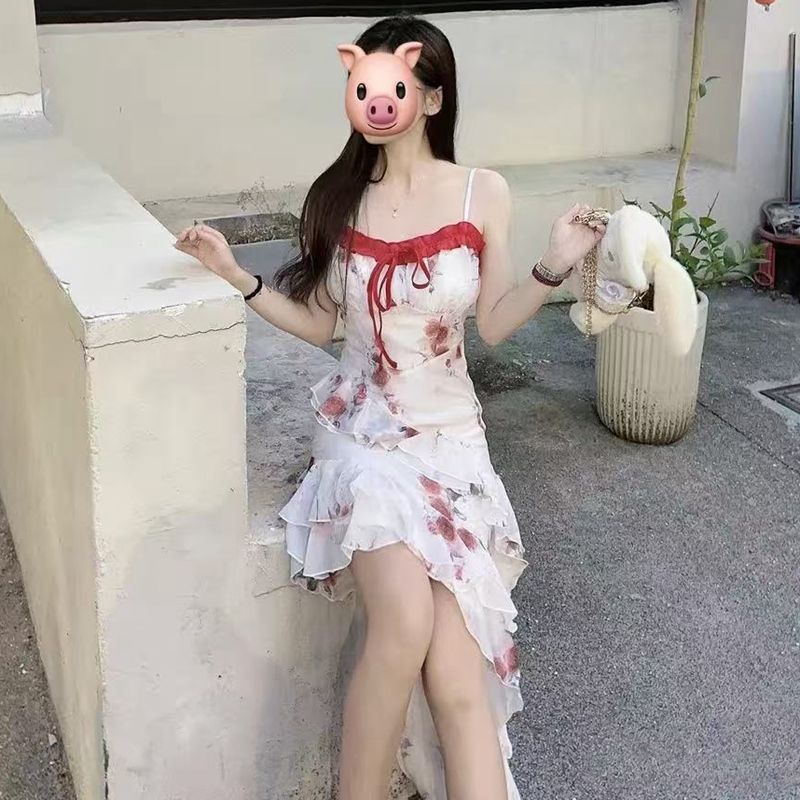 暈染碎花荷葉邊吊帶連衣裙仙女夏季設計感收腰顯瘦不規則下擺長裙