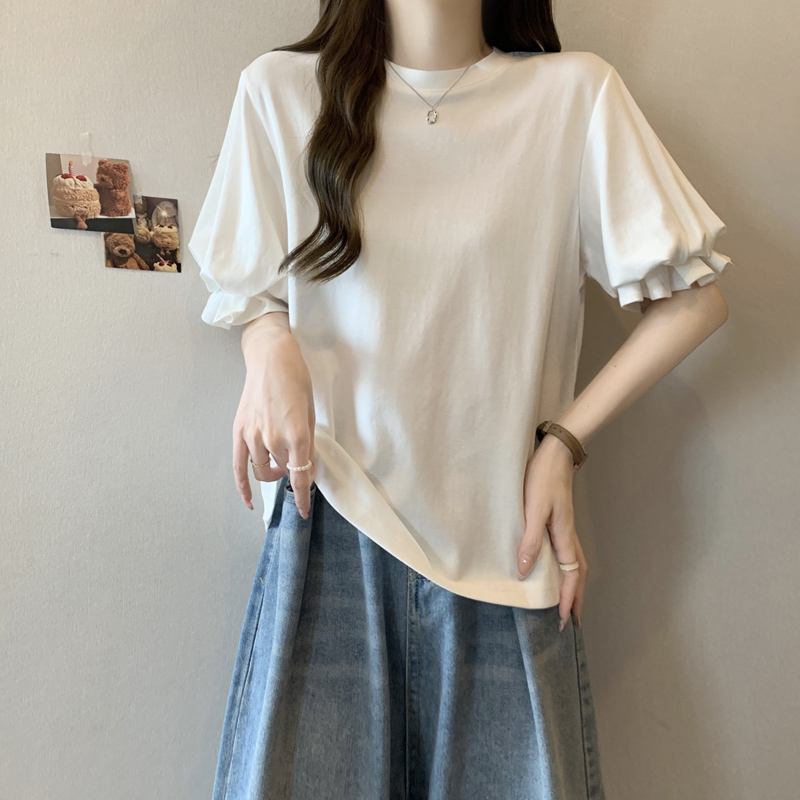 Real-life pure cotton ins super hot puff sleeve T-shirt for women with versatile loose slim design niche chic Hong Kong flavor top