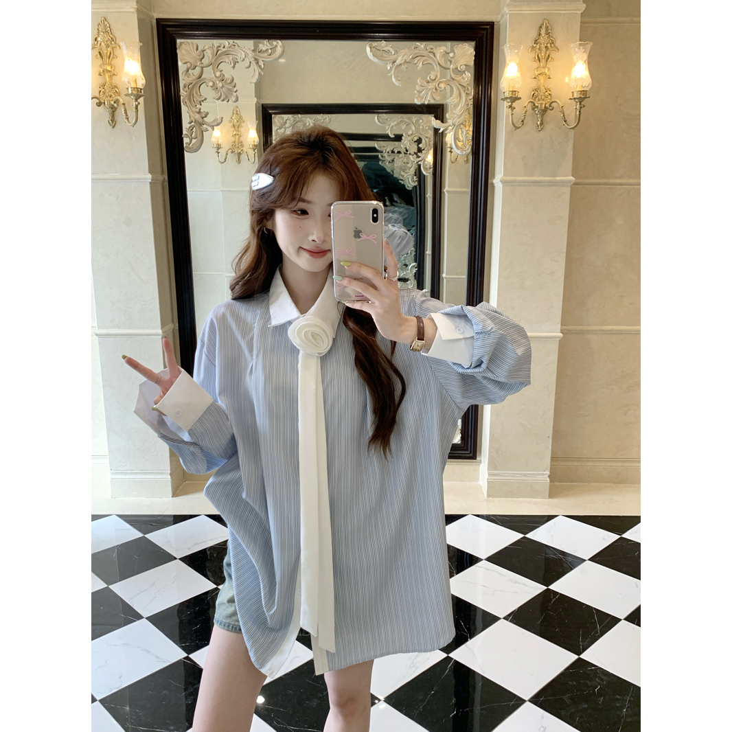 實拍法式氣質飄帶條紋襯衫女2025早春寬鬆設計感小眾長袖別致上衣