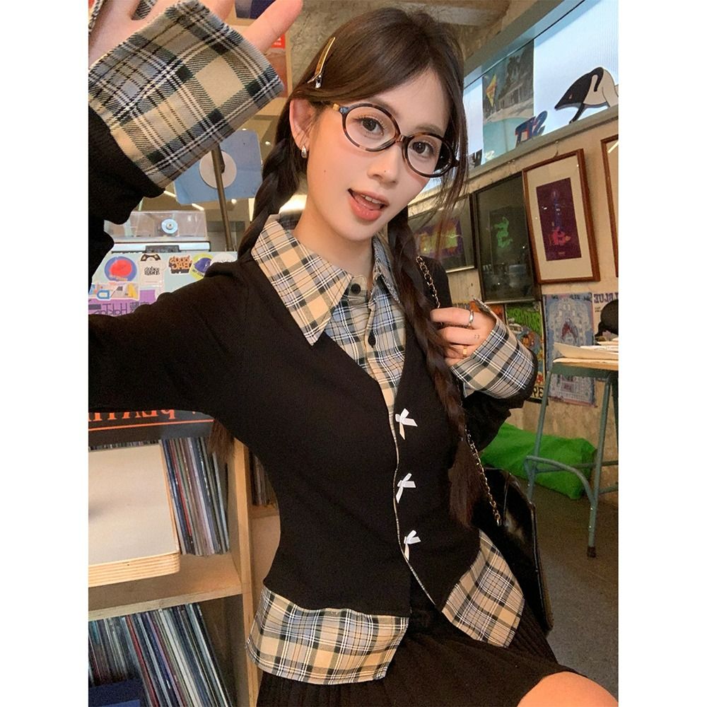 甜辣風蝴蝶結長袖女秋冬假兩件修身拼接格子上衣潮