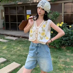 V領花朵刺繡開襟衫背心坎肩馬甲外套短上衣無袖