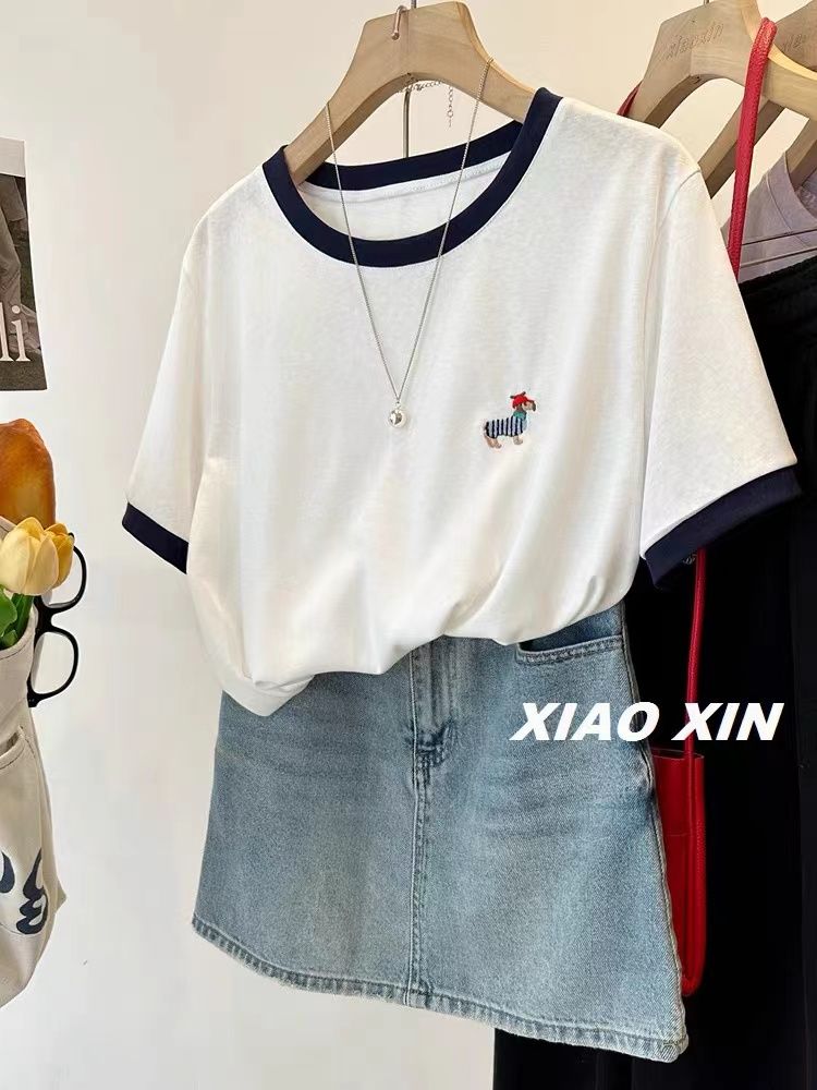 Contrast colored edge embroidered dog white short-sleeved T-shirt for women's summer snowflake cotton top