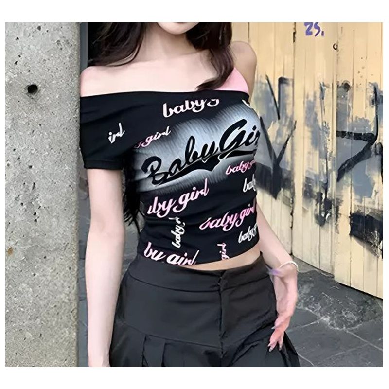 American retro hot girl off-shoulder printed T-shirt for women short-sleeved 2025 new unique and beautiful slim sling top summer
