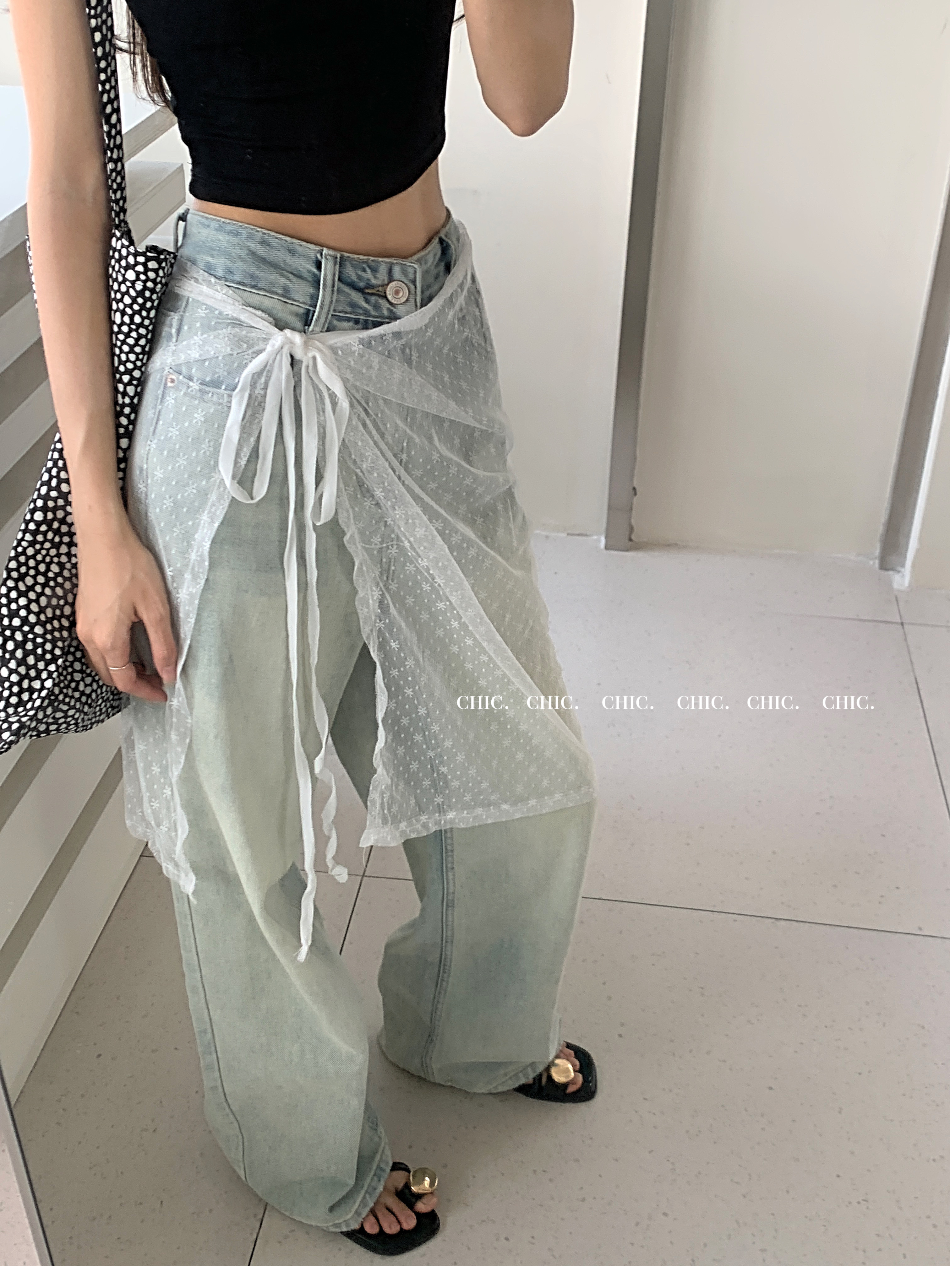 Real shot!  Personalized retro lace mesh ass curtain apron with loose versatile jeans and trousers for women