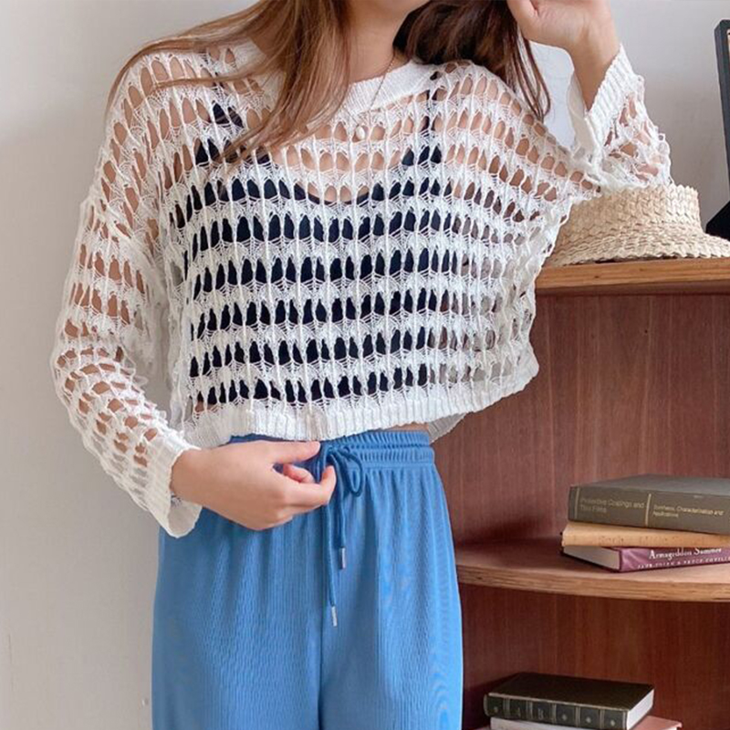 Real-size large size Korean sweater hollow knitted sweater early summer short exposed navel ice silk sunscreen blouse thin