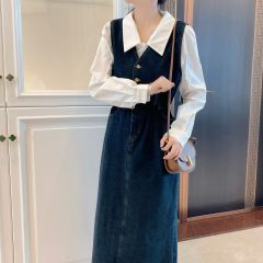 吊帶連衣裙套裝牛仔背心裙子女秋季小香風白色襯衫休閒兩件套上衣