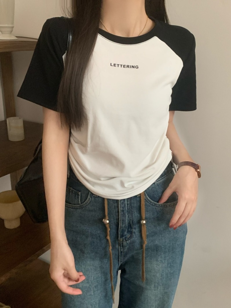 Drawstring contrasting color round neck hot girl top personalized women's new style base slim short short-sleeved T-shirt