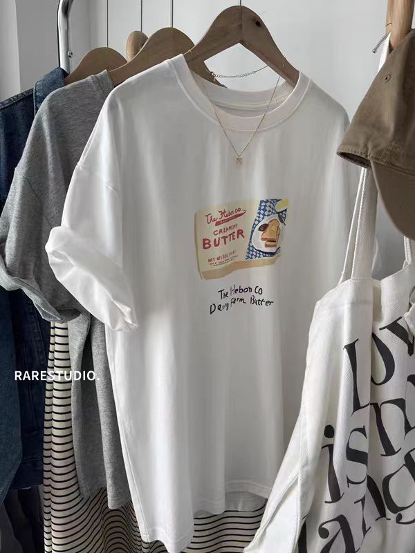200g combed and tight spun in 2025, pure cotton back bag strip, spring and summer loose shoulder printed short-sleeved T-shirt