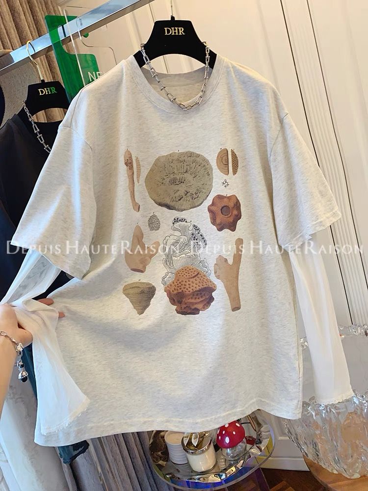 2025 summer large-size top mesh fake two-piece short-sleeved T-shirt loose top for women 2025 summer