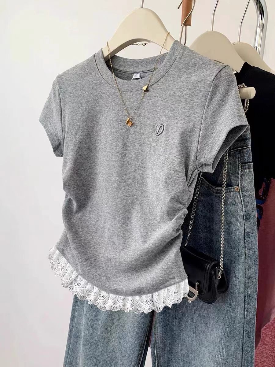 Embroidery Gray Love Lace Short Sleeve T-shirt for Women 2025 New Short Shoulder Slim Body Clothes