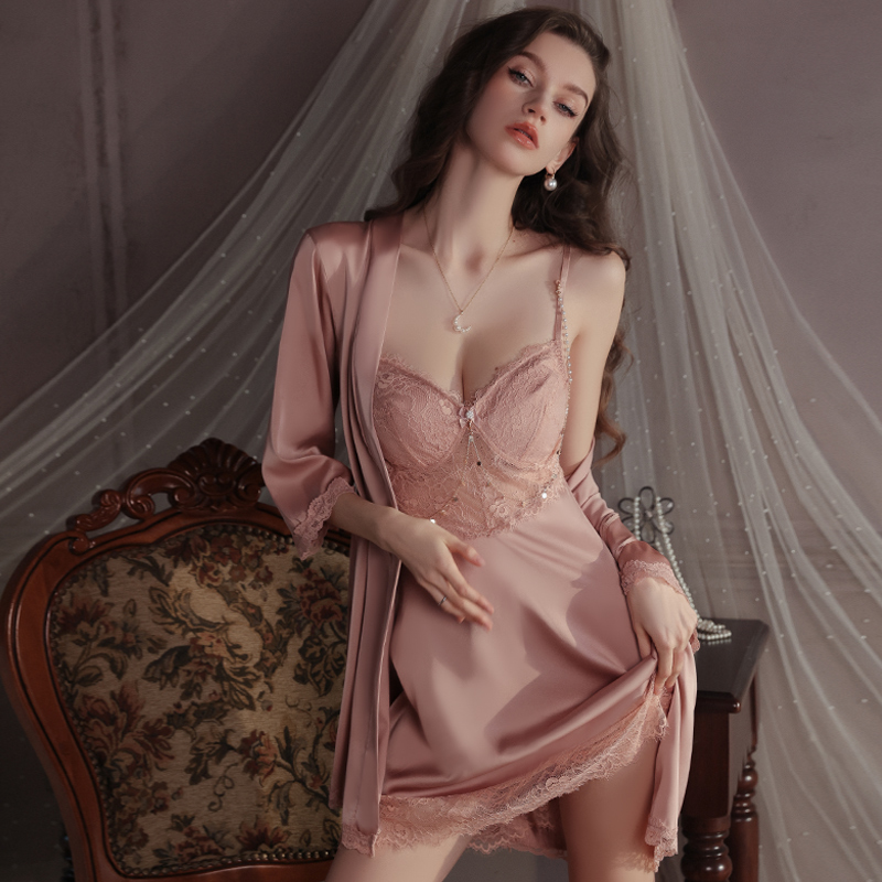 Real shot of sweet perspective mesh satin hot deep V plus breast pad nightgown robe home clothes set