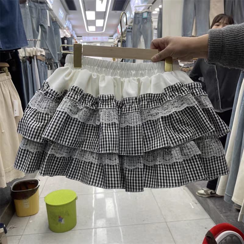 College cake Lolita slim skirt multi-layer plaid color-blocking puffy skirt short skirt hot girl base a-line skirt