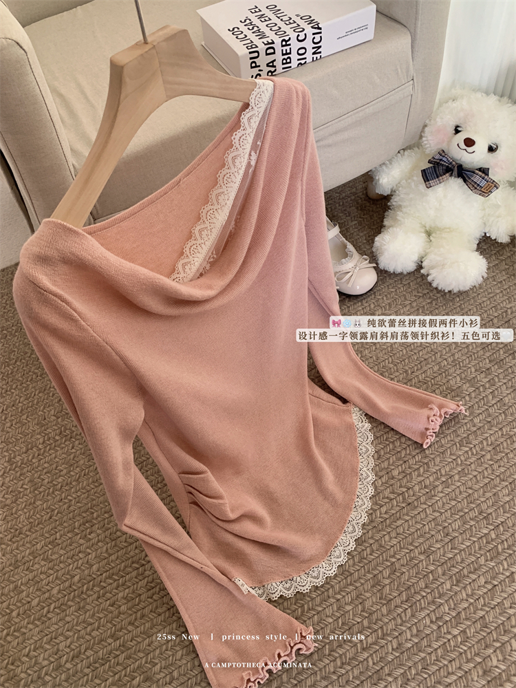Real shot of 25-year spring French lace splicing off-shoulder T-shirt for women's waist-hugging base shirt swinging collar top