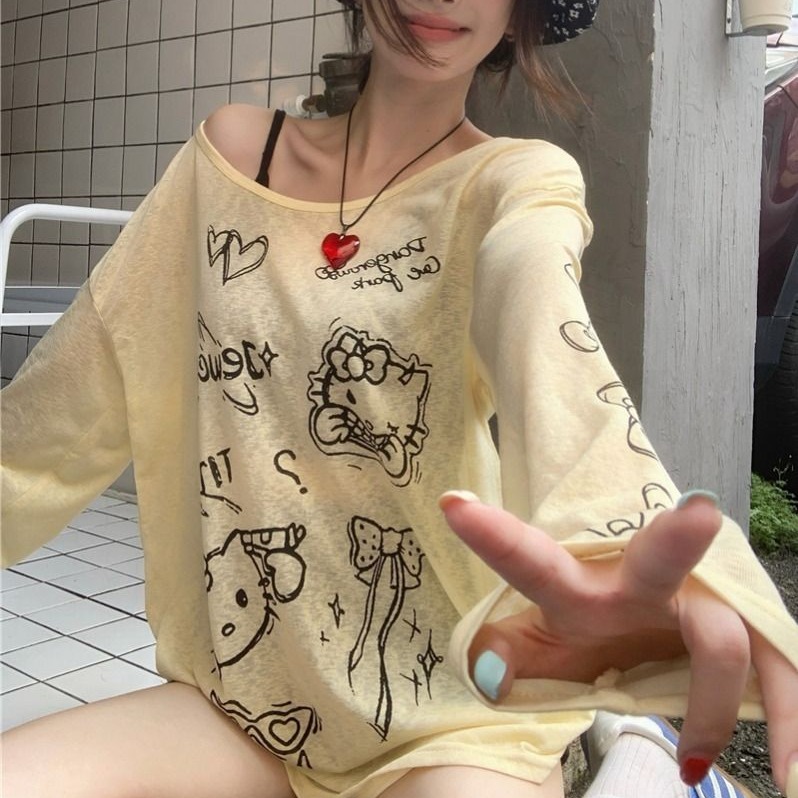 Original fabric pure and beautiful cartoon printed thin long-sleeved T-shirt summer loose sunscreen top