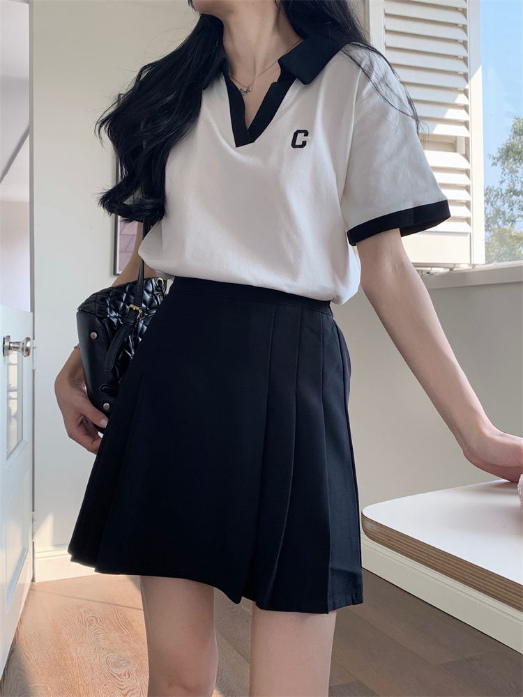 Real-life T-shirt polo neck American retro front shoulder short-sleeved T-shirt women summer hot girl v-neck top set