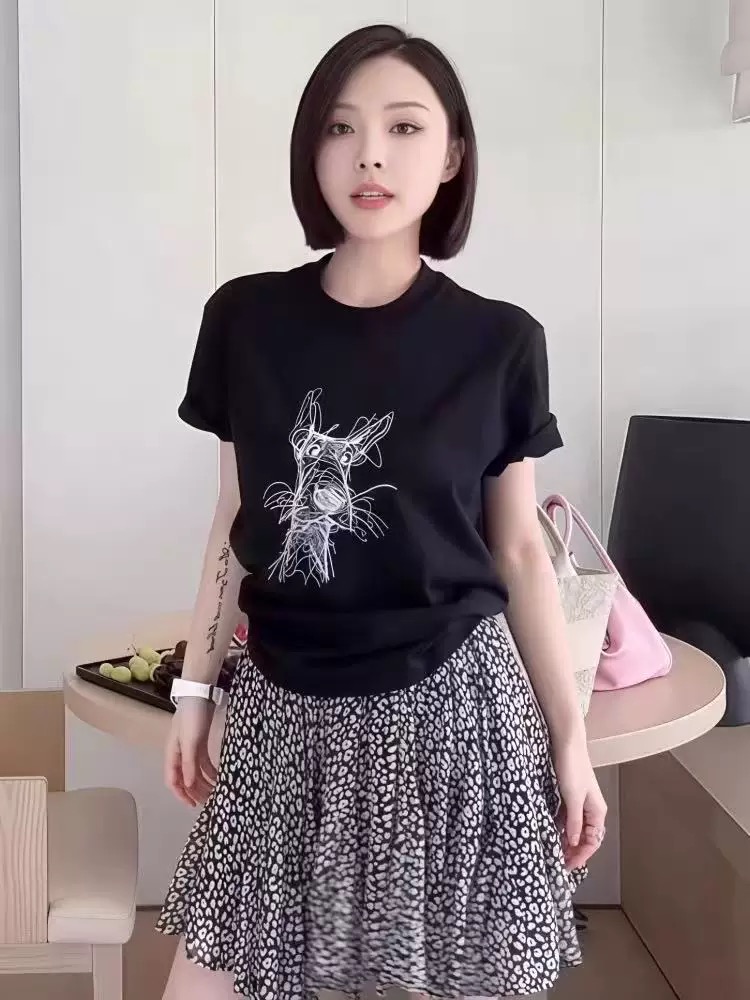 Printed front shoulder short-sleeved T-shirt for women in summer new niche American pure cotton slim T-shirt top
