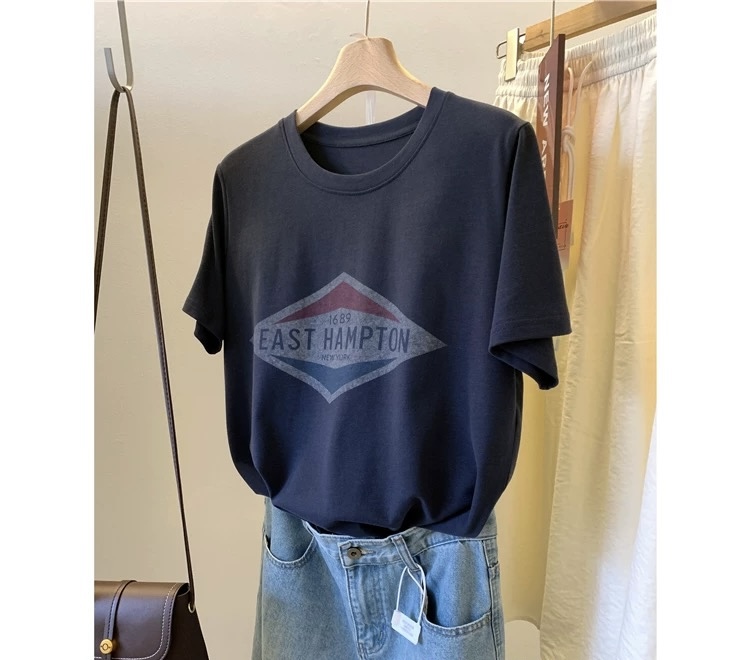 Printed front shoulder short-sleeved T-shirt for women in summer new niche American pure cotton slim T-shirt top